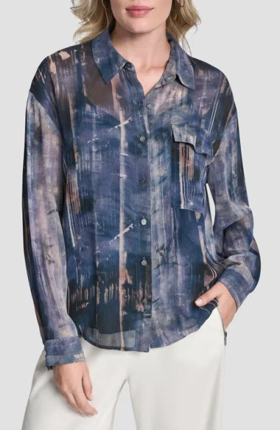 Dkny Print Long Sleeve Button-up Chiffon Shirt In Blue