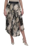 Dkny Print Pleated Asymmetric Midi Skirt In Skyln Colge Blk