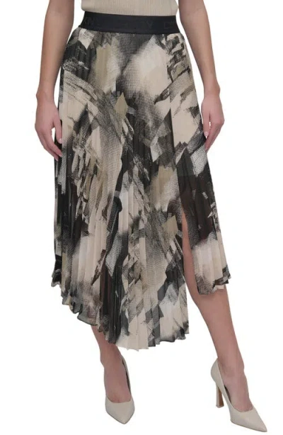 Dkny Print Pleated Asymmetric Midi Skirt In Skyln Colge Blk