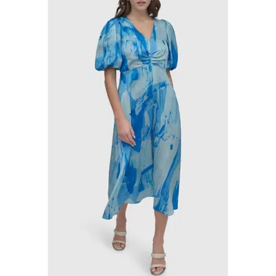 Dkny Print Puff Sleeve Midi Dress In Maculate Marble