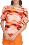 Dkny Printed Balloon Sleeve Crewneck Top In Orange Blossom Multi