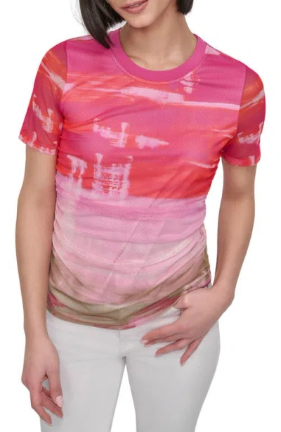 Dkny Print Ruched Mesh Top In Pink