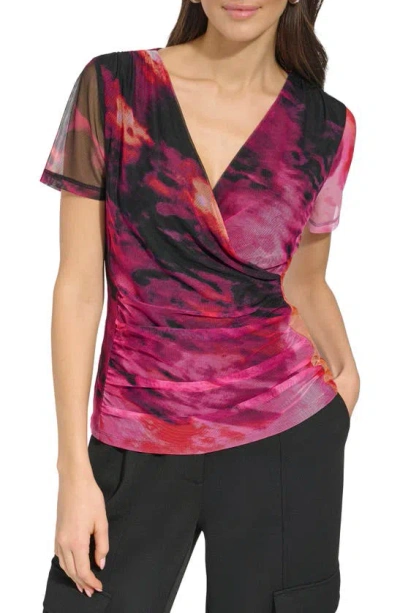 Dkny Women's Printed Surplice-neck Short-sleeve Top In Shocking Pink Multi