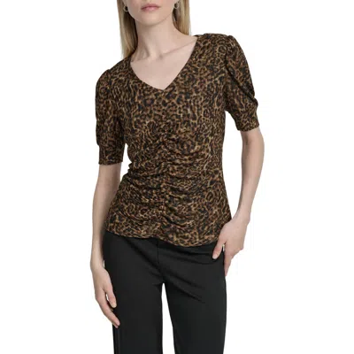 Dkny Print Ruched Puff Sleeve Top In Brown