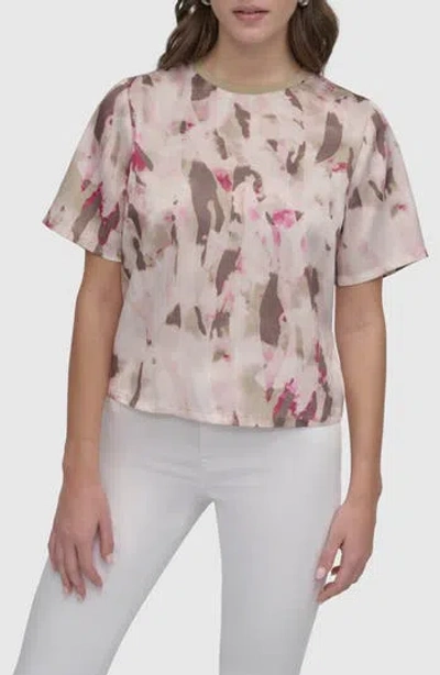 Dkny Print Scarf Twill Short Sleeve Top In Brown
