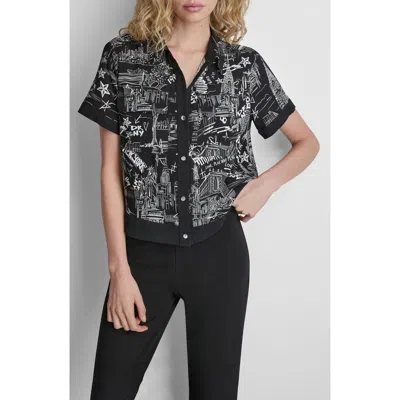 Dkny Print Short Sleeve Button-up Shirt In Black