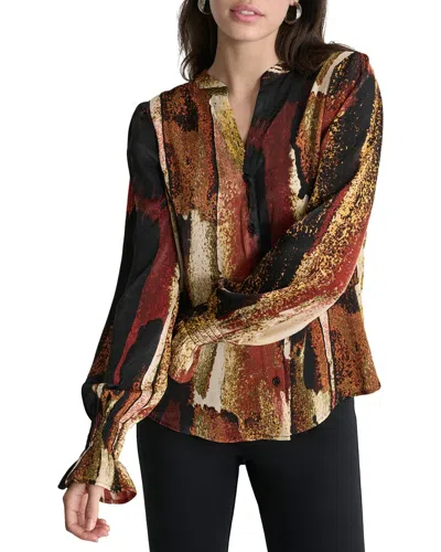 Dkny Print Split Neck Top In Multi