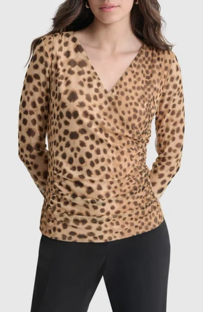 Dkny Print Surplice Mesh Top In Cheetah Repeat