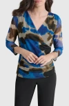 Dkny Print Surplice Mesh Top In Ink Swirl