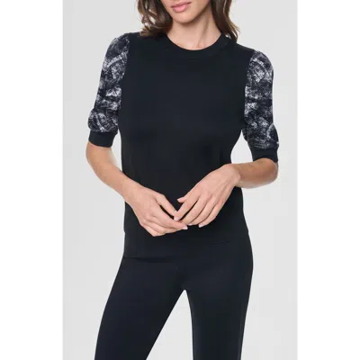 Dkny Print Twist Sleeve Mixed Media Sweater In Blue