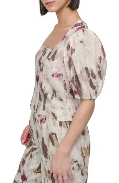 Dkny Print Zip Front Puff Sleeve Linen Blend Top