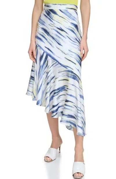 Dkny Printed Asymmetric Satin Midi Skirt In Blue