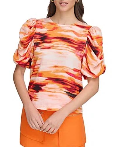 Dkny Printed Balloon Sleeve Crewneck Top In Orange Blossom