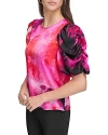 Dkny Printed Balloon Sleeve Crewneck Top In Shocking Pink