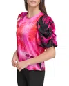 Dkny Womens Crewneck Printed Pullover Top In Shocking Pink