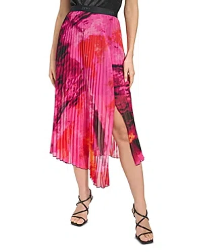 Dkny Printed Chiffon Asymmetric Midi Skirt In Shocking Pink