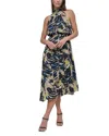 Dkny Mock Neck Chiffon Midi Dress In Abstract Tiger