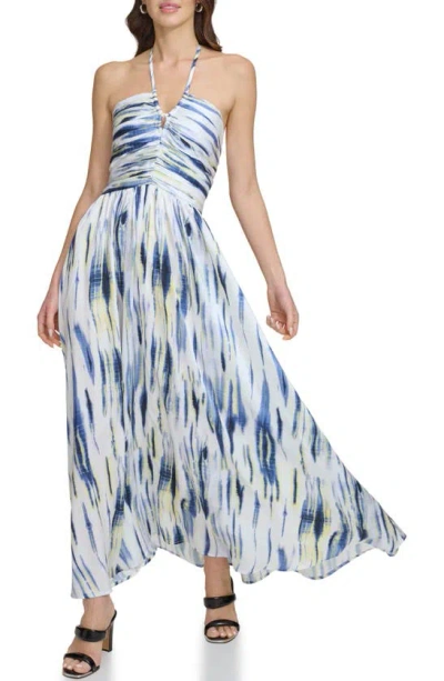 Dkny Printed Halter Maxi Dress In White,inky Blue Multi