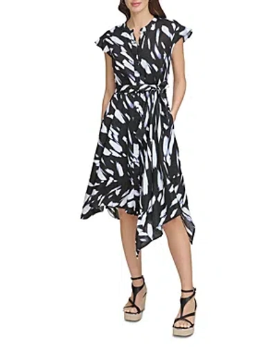 Dkny Printed Linen Button Front Tie Waist Dress In Black/wave