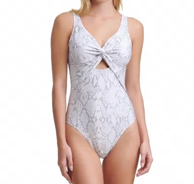 Dkny Printed Peek-a-boo Twist One Piece Swimsuit In Pearl Grey In Animal Print