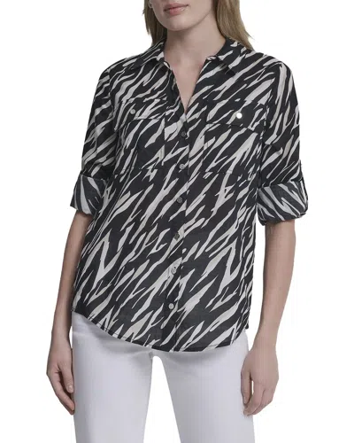 Dkny Printed Roll Tab Shirt In Black