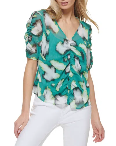 Dkny Printed Ruched Front Top In Green