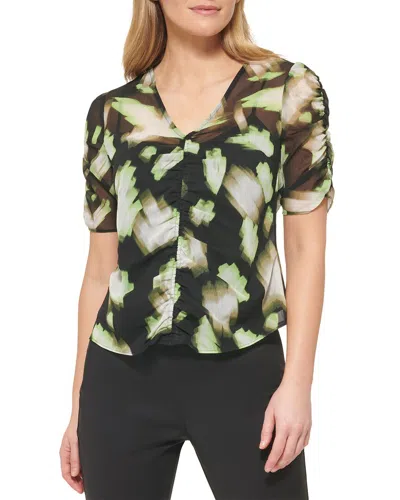 Dkny Printed Ruched Front Top In Black