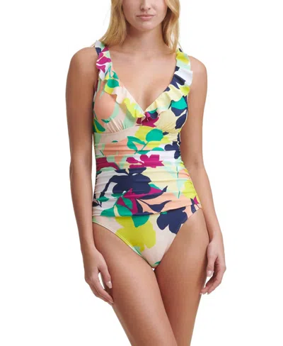 Dkny Printed Ruffled One Piece Swimsuit In Navy Multi