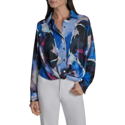 Dkny Printed Satin Button-up Shirt In Blue
