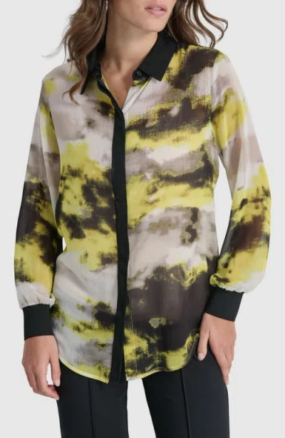 Dkny Printed Semisheer Chiffon Button-up Top In Geo Storm Pattern