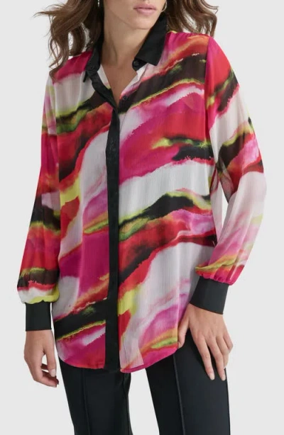 Dkny Printed Semisheer Chiffon Button-up Top In Multi Geode