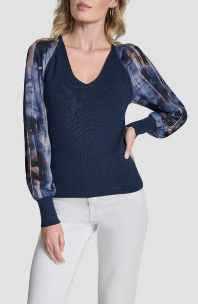 Dkny Printed Sleeve Mixed Media Sweater In Blue