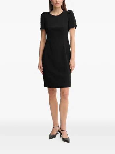 Dkny Puff-sleeve Button Mini Dress In Black