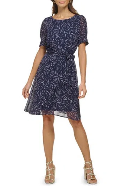Dkny Puff Sleeve Chiffon Fit & Flare Dress In Navy/pink