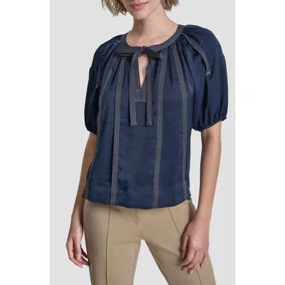 Dkny Puff Sleeve Contrast Stitch Tie Front Top In Blue