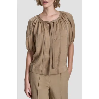 Dkny Puff Sleeve Contrast Stitch Tie Front Top In Brown