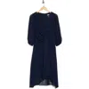Dkny Puff Sleeve Faux Wrap Midi Dress In Midnight N