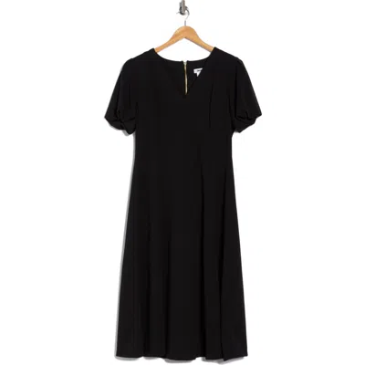 Dkny Puff Sleeve Fit & Flare Midi Dress In Black