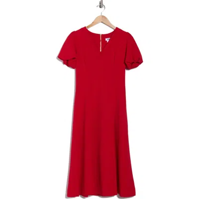 Dkny Puff Sleeve Fit & Flare Midi Dress In Red