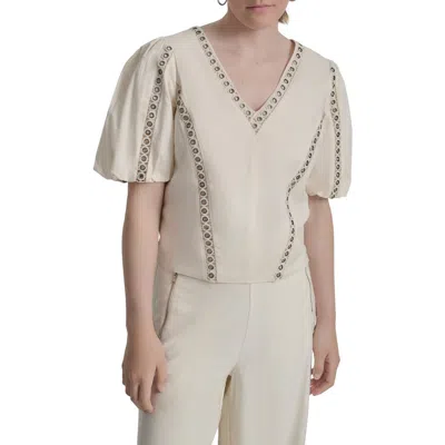 Dkny Puff Sleeve Grommet Detail Cotton Voile Shirt
