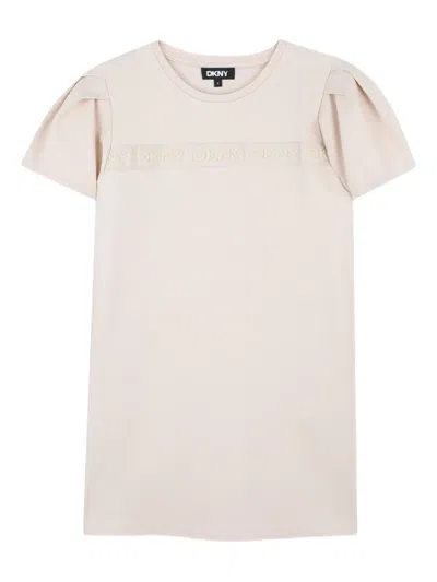 Dkny Kids' Puff-sleeve Logo Dress In Neutral