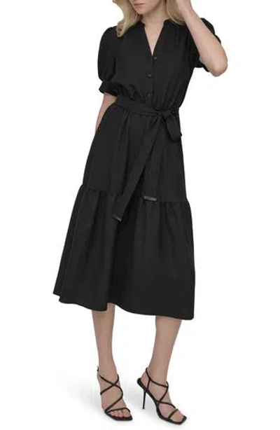 Dkny Puff Sleeve Midi Shirtdress In Black