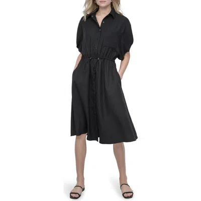 Dkny Puff Sleeve Midi Shirtdress In Black
