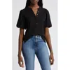 Dkny Puff Sleeve Mixed Media Henley Top In Black