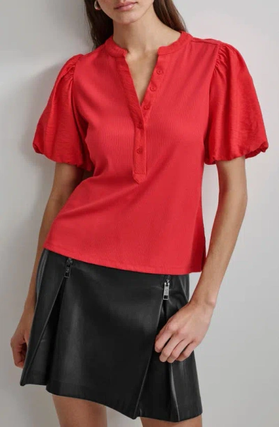 Dkny Puff Sleeve Mixed Media Henley Top In Flame