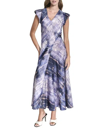 Dkny Puff Sleeve Print Satin Dress In Purple