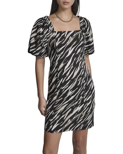 Dkny Puff Sleeve Printed Linen-blend Dress In Black