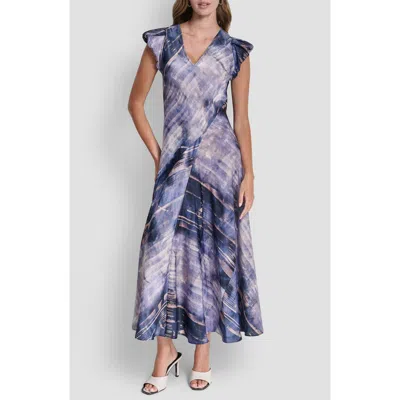 Dkny Puff Sleeve Satin Maxi Dress In Blue