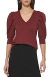 Dkny Puff Sleeve V-neck Sweater In Cabernet