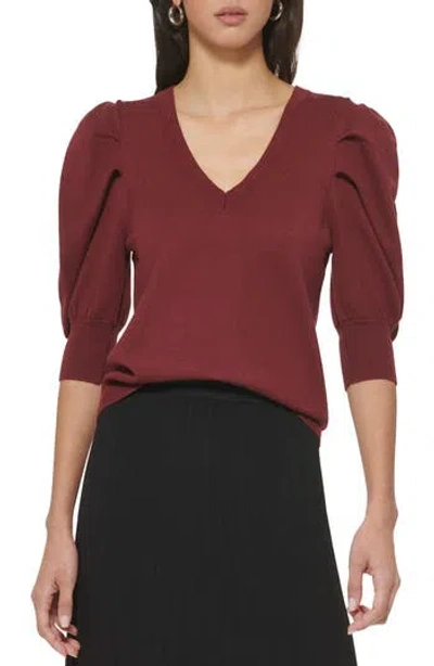 Dkny Puff Sleeve V-neck Sweater In Cabernet